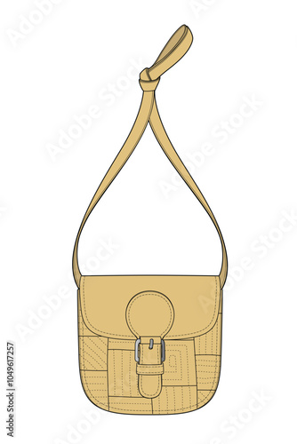 Patchwork crossbody bag technical illustration vector mockup template.