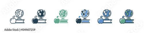 library book and globe icon set education study literature global discovery research culture signs vector illustration