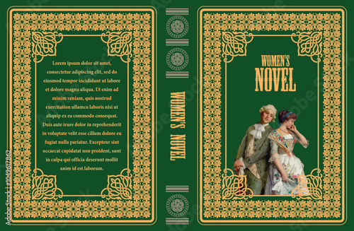 147-13-Book cover design featuring elegant golden frame on green background, title women's novel, and a vintage illustration of a couple, ideal for historical romance or literature