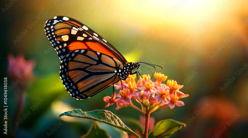 A monarch butterfly with orange and black wings is perched on a pink flower with green leaves. The sun shines brightly behind the butterfly, creating a warm, golden glow. A monarch butterfly with orange and black wings is perched on a pink flower with green leaves. The sun shines brightly behind the butterfly, creating a warm, golden glow.
