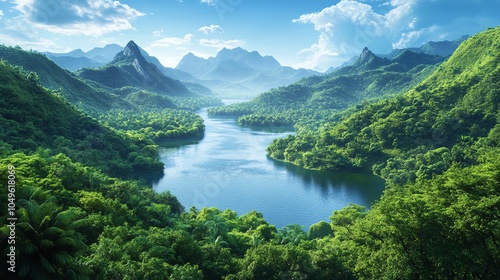 Scenic landscape with lush greenery and river
