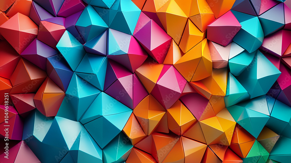 Obraz premium Colorful 3D polygons arranged in dynamic composition create vibrant and energetic visual experience. interplay of shapes and colors evokes sense of creativity and modern design