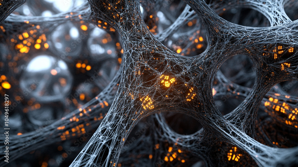 Naklejka premium Intricate 3D mesh structures create futuristic atmosphere, showcasing blend of organic and technological elements. glowing orange highlights add captivating contrast to dark, complex framework