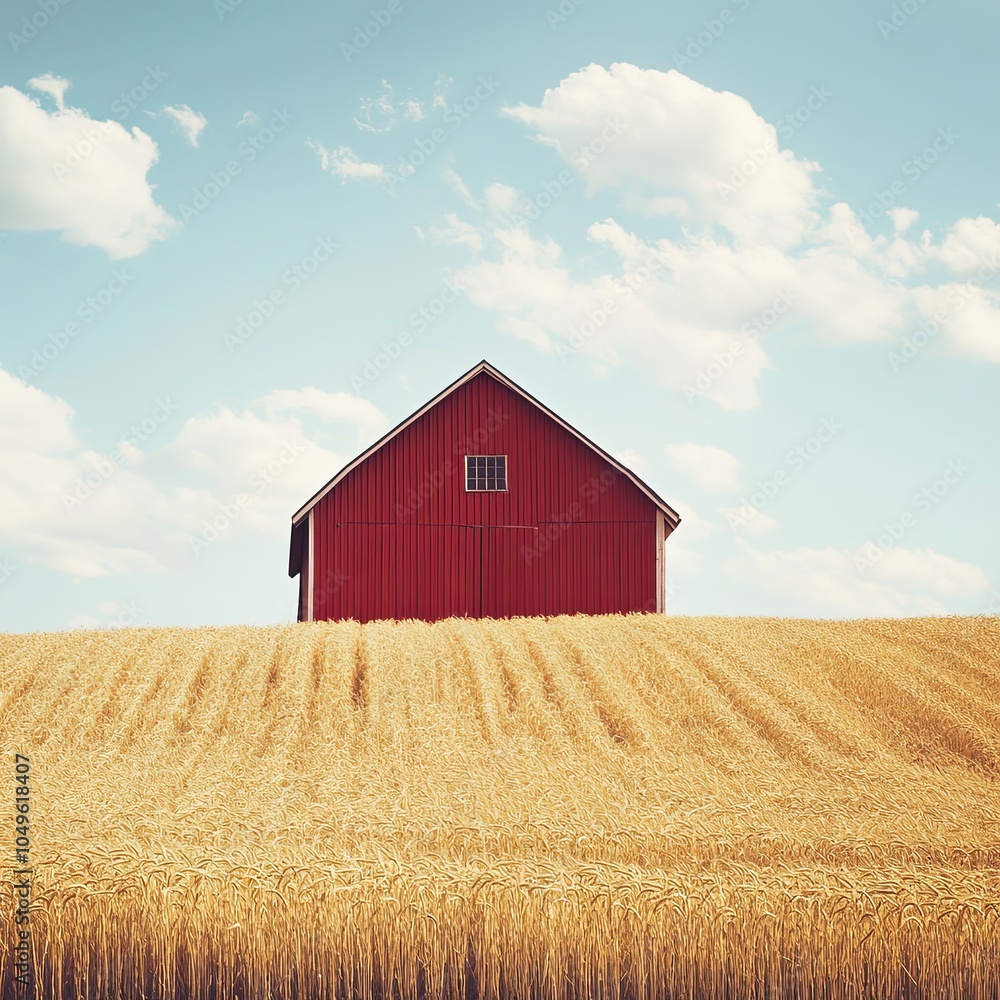 Rural field concept image with red barn and grain field during sunny summer day. Rural field concept image with red barn and grain field during sunny summer day.