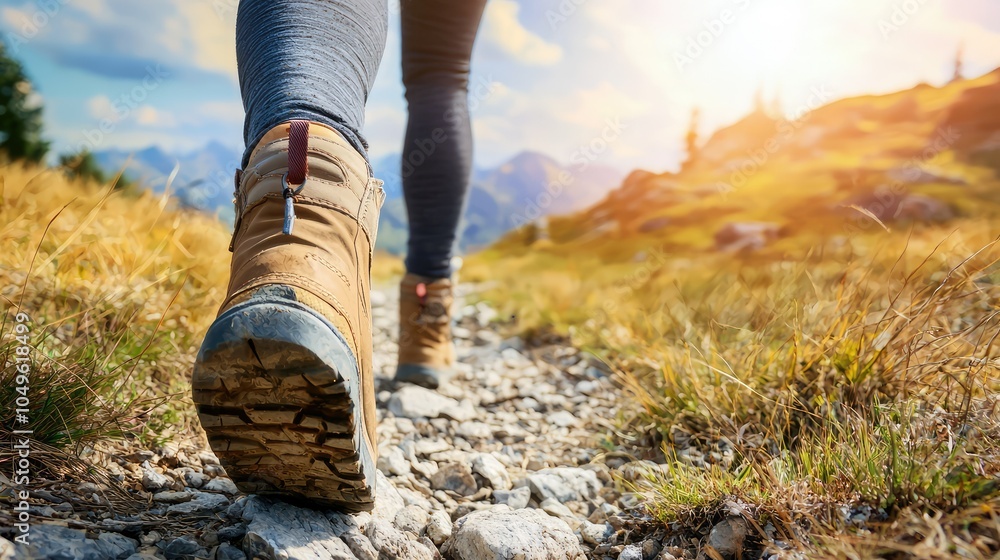 Person Hiking Up a Mountain Trail in Dramatic Scene Person Hiking Up a Mountain Trail in Dramatic Scene