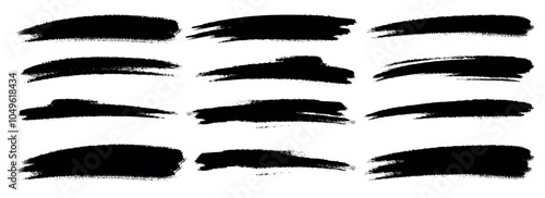 Collection of black brush strokes in different shapes isolated on transparent background Vector illustration.