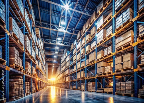 Spacious Warehouse with Towering Shelves and Dramatic Lighting - Ideal Industrial Space Photography