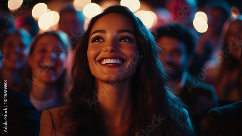 Captivated Audience: A woman's joyful expression amidst a blurred crowd, illuminated by warm stage lights, captures the magic of live performance. 