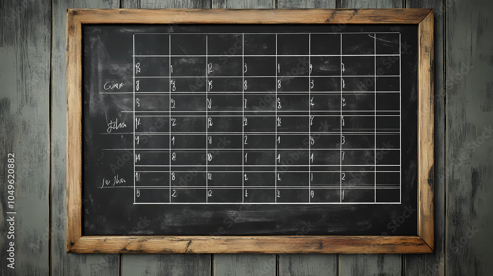 Schedule with grid timetable on black chalkboard for busy. Chalkboard Drawing. Illustration