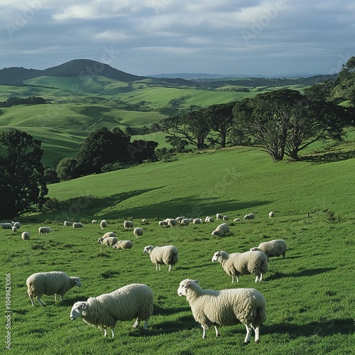 Sheep grazing in a field, Lumsden, Southland, New Zealand photo