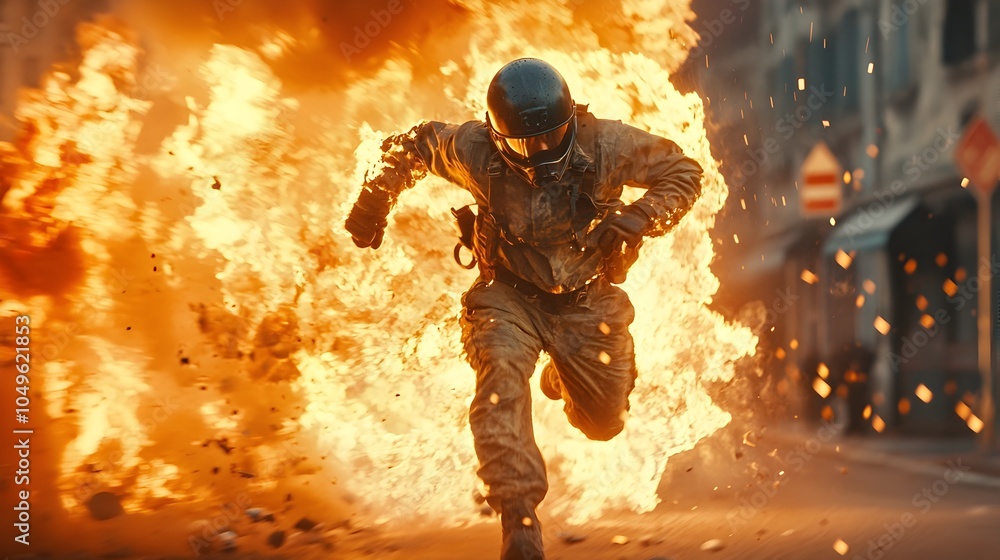 Daring stunt performer engulfed in flames while navigating a chaotic explosive street scene during a high stakes action sequence for a film or television production Daring stunt performer engulfed in flames while navigating a chaotic explosive street scene during a high stakes action sequence for a film or television production