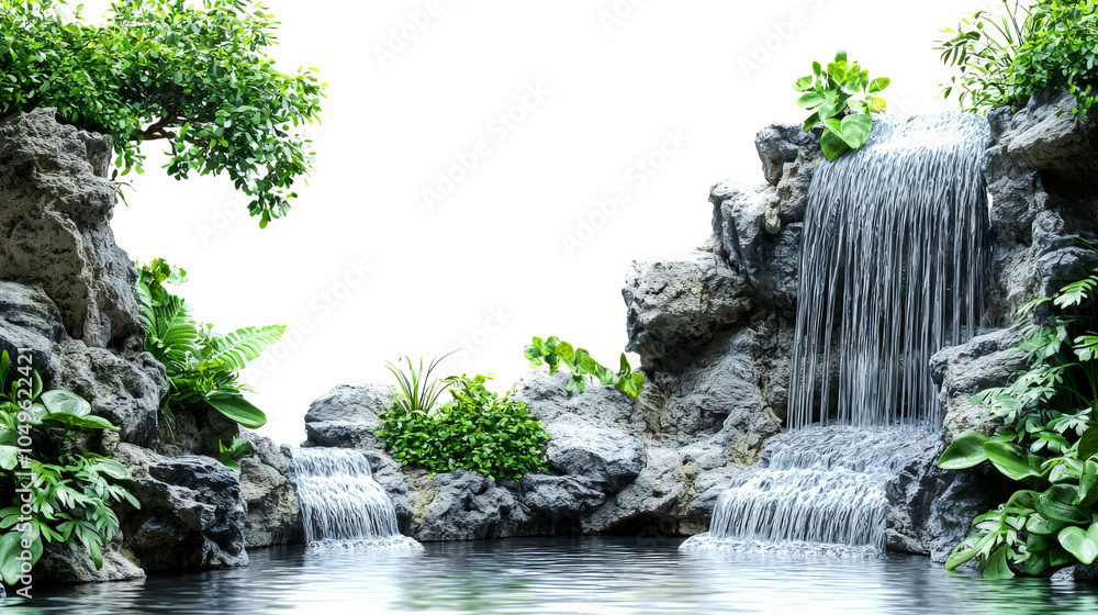 Naklejka premium A serene waterfall cascading down rocky cliffs into a calm pool, surrounded by lush greenery.