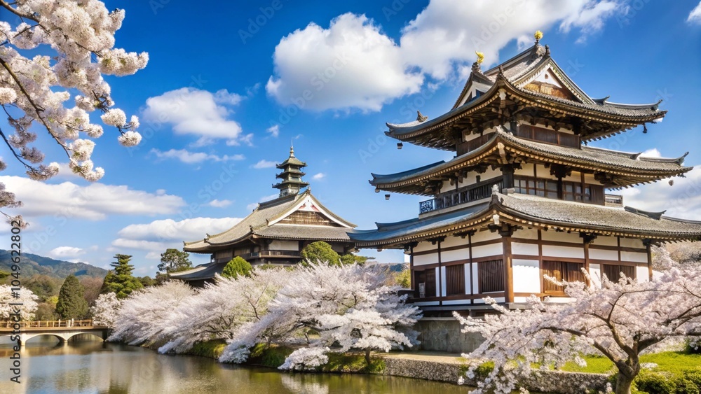 Japanese pagoda with cherry blossoms in bloom. Japanese pagoda with cherry blossoms in bloom.