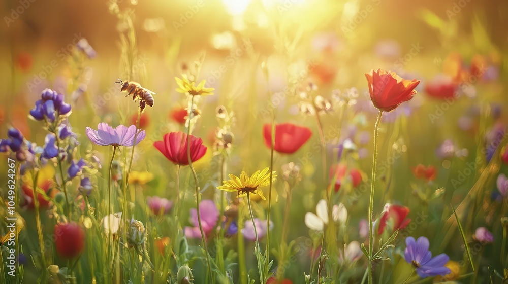 Fototapeta premium Close-Up of Bee Pollinating Wildflower in Vibrant Field