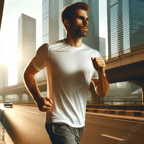 running and athlete on a morning run in the city for training, fitness and workout. Confident, determined and focused male jogging at sunrise or dawn for marathon training, competition or exerci. photo