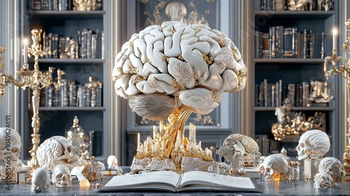 A Stunning Brain Sculpture in an Elegant Library Setting: Art That Inspires Intellectual Reflection photo