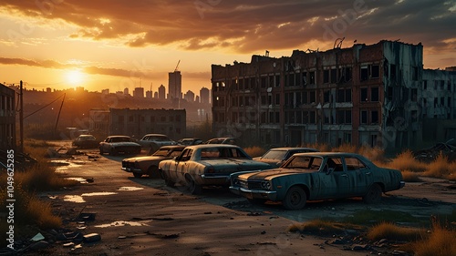 Wallpaper Mural Post-apocalyptic cityscape with ruined buildings and abandoned cars at sunset. Torontodigital.ca