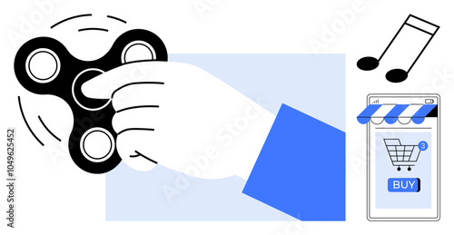Hand holding and spinning a fidget spinner, smartphone with online shopping basket and buy button, and musical notes icon. Ideal for themes of relaxation, entertainment, online shopping, music