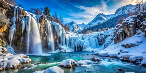 Stunning Winter Portrait of Chegem Waterfalls with Icy Cascades and Majestic Mountain Backdrop photo