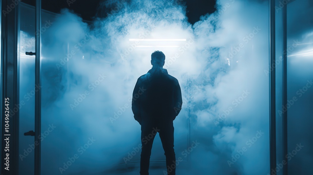 Inside a cryochamber, a man stands shrouded in fog, experiencing a unique wellness session designed for recovery and rejuvenation in a high-tech environment Inside a cryochamber, a man stands shrouded in fog, experiencing a unique wellness session designed for recovery and rejuvenation in a high-tech environment