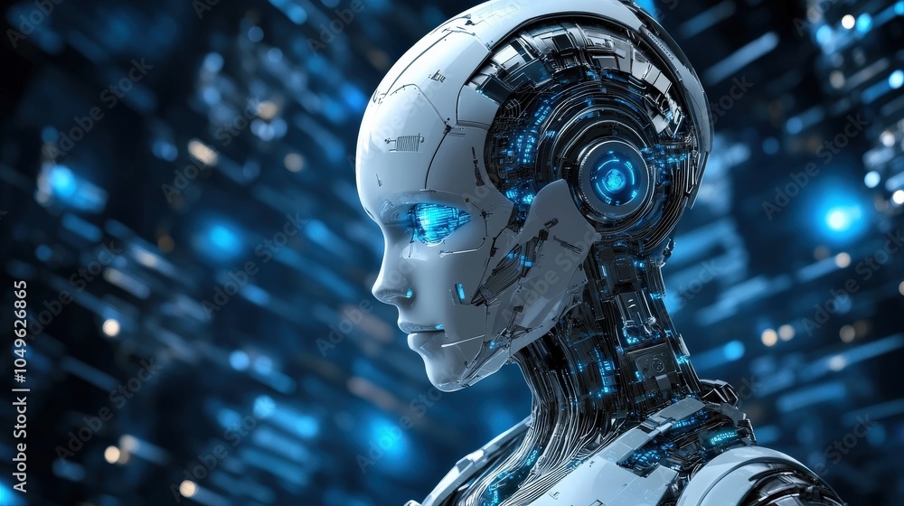 A sophisticated artificial intelligence robot stands in a futuristic setting, highlighting its intricate design and glowing features while illustrating the evolution of technology and robotics A sophisticated artificial intelligence robot stands in a futuristic setting, highlighting its intricate design and glowing features while illustrating the evolution of technology and robotics