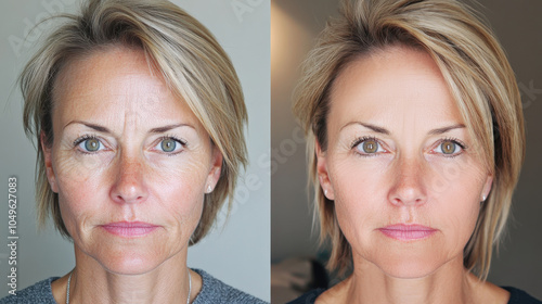 A client poses before and after receiving botox injections, highlighting the transformation in facial features with a noticeable reduction in wrinkles and fine lines, facelift, surgery,skin