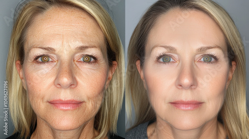 This visual comparison displays the noticeable reduction of facial wrinkles following botox injections. The rejuvenated skin appears smoother and more youthful, facelift, surgery,skin rejuvenation