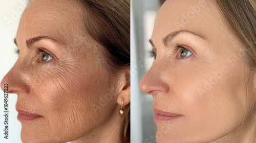 The image exhibits a side-by-side comparison of a person's face before and after receiving botox injections, highlighting the reduction of wrinkles and improved skin smoothness, facelift, surgery,skin