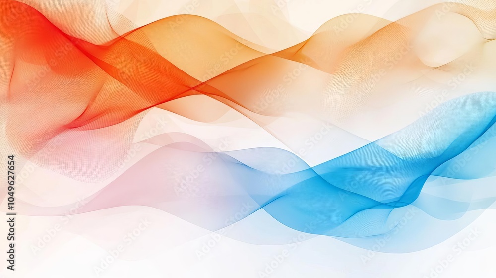 Fototapeta premium Abstract waves in red, orange, and blue on a soft white background, creating a fluid and dynamic visual effect, ideal for modern designs.