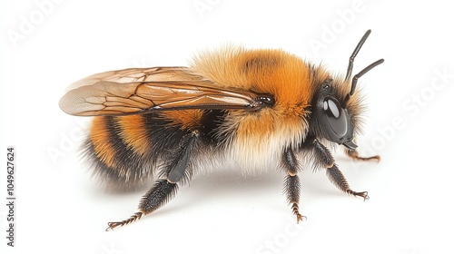 Bee with orange and black fuzzy body, isolated on white background. photo