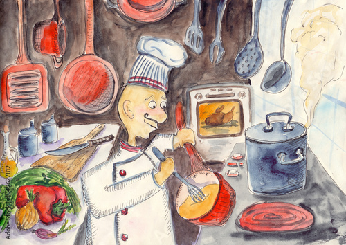In the kitchen funny mustachioed chef whisks the omelette in a ladle. Soup is boiling in a casserole, chicken is baking in the oven. Vegetables are near the cutting board. Watercolor illustration.