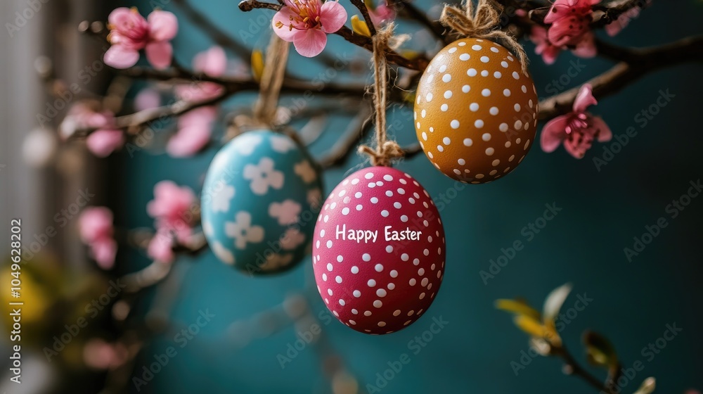 Obraz premium Easter eggs hanging from blooming branches wishing happy easter
