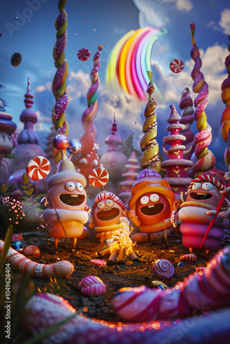 The Melodious Confectionery Campfire - Jingle of Joyful Candy Shaped Characters in a Candyland photo