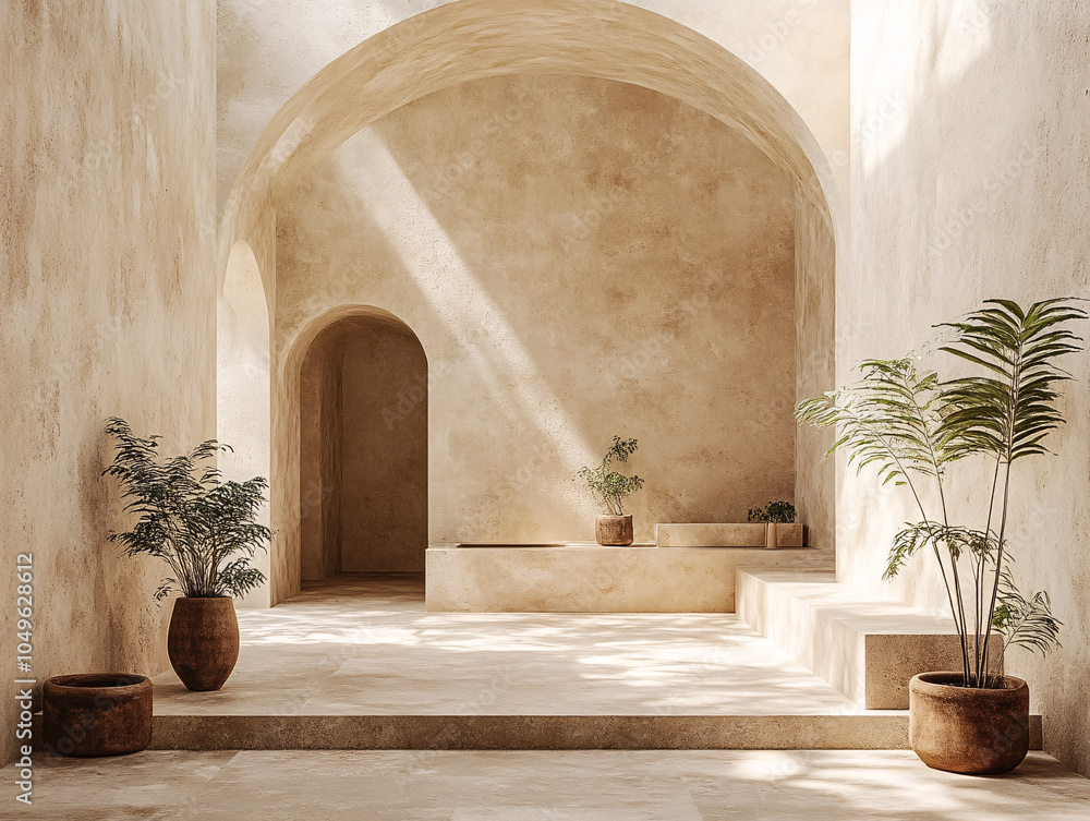 Fototapeta premium a modern architectural model of a building with an arched entrance way. The interior of the building features a geometric pattern.