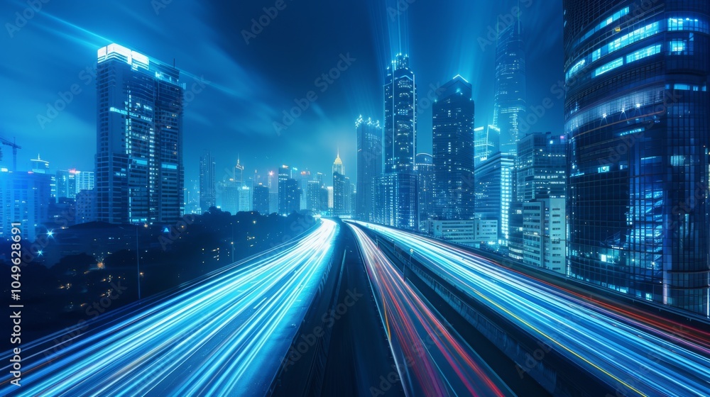 road in city with skyscrapers and car traffic light trails. infrastructure and transportation background road in city with skyscrapers and car traffic light trails. infrastructure and transportation background