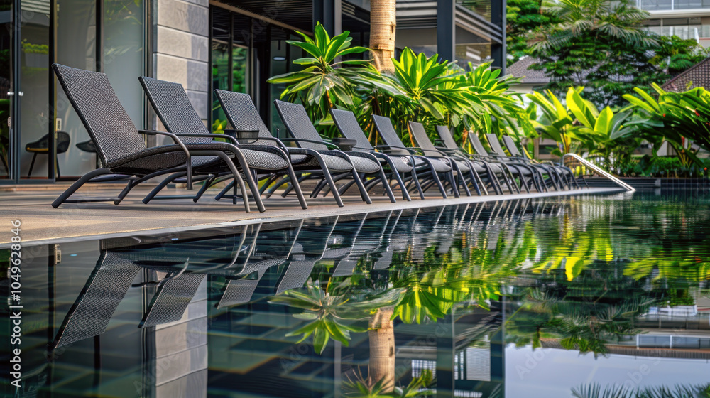 Row of empty black lounge chairs beside a reflective swimming pool, surrounded by lush greenery in a modern resort setting. Row of empty black lounge chairs beside a reflective swimming pool, surrounded by lush greenery in a modern resort setting.