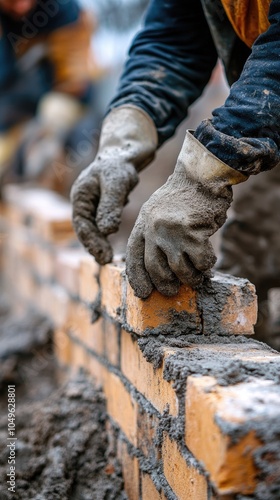 Wallpaper Mural Construction worker laying bricks, building a wall with cement Torontodigital.ca