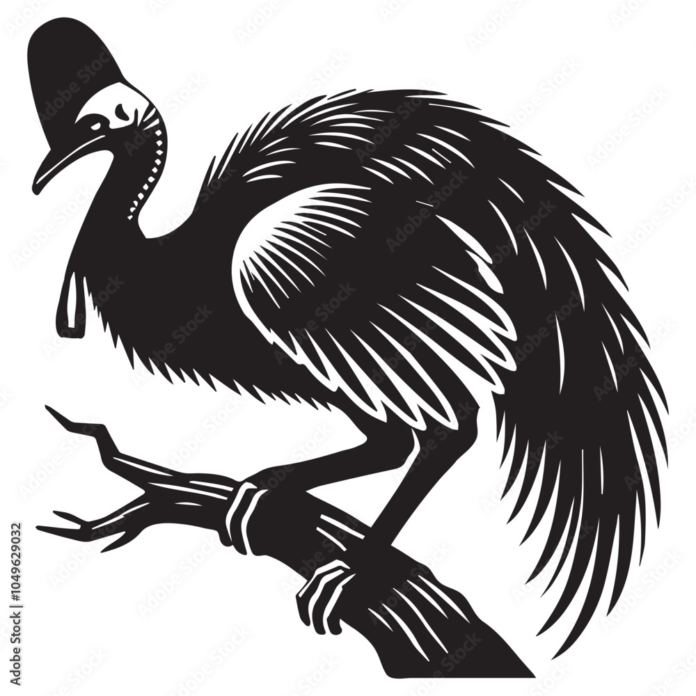Naklejka premium Cassowary Flightless bird Silhouette Design - Cassowary bird Vector illustration in black and white 