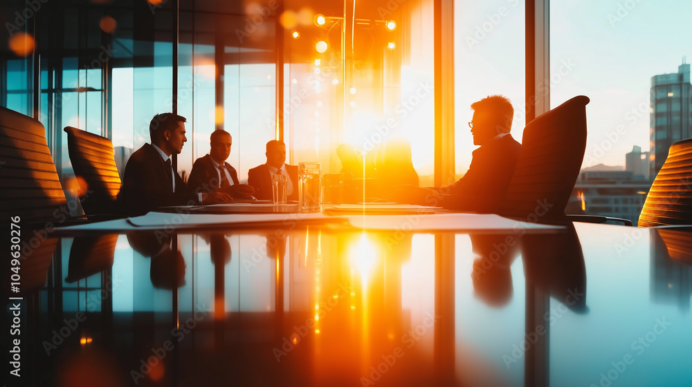 A silhouette of business professionals in a meeting room, with a bright sunset glowing through large windows, creating a warm and inspiring atmosphere. A silhouette of business professionals in a meeting room, with a bright sunset glowing through large windows, creating a warm and inspiring atmosphere.