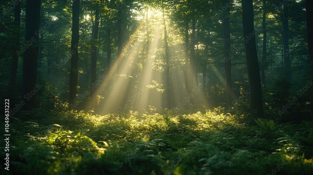 Sunbeams lighting up lush green forest floor Sunbeams lighting up lush green forest floor