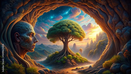 Surreal Tree Brain with Human Head Cave - Concept of Hope, Freedom, and Imagination in Fantasy Landscapes photo