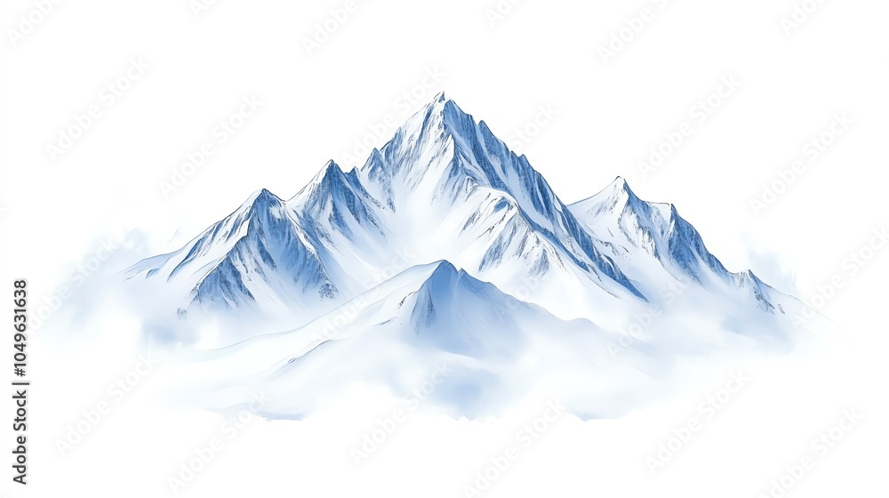 Fototapeta premium Mountain range with snow-capped peaks, isolated on a white background.