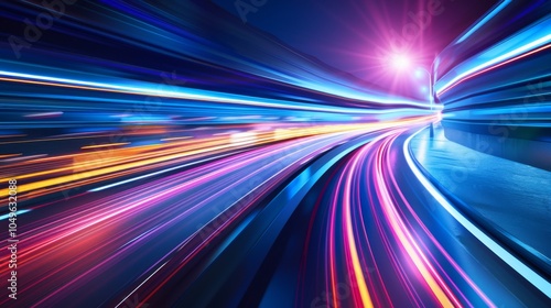 road in city with skyscrapers and car traffic light trails. infrastructure and transportation background