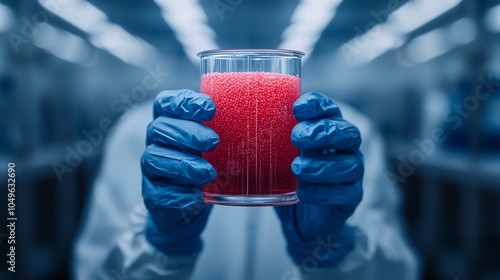 Technician in micrological lab culturing probiotic strains front view Focusing on microbial applications in health Scifi tone Complementary Color Scheme photo