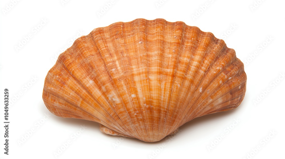 Fototapeta premium Scallop shell, orange and textured, white isolated background.