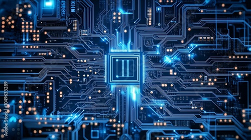 Central Processing Unit with Radiating Circuit Paths in Electric Blue Technology Visualization