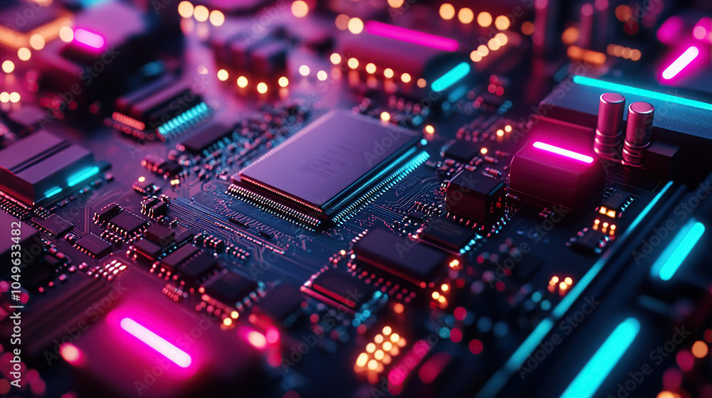 Close-up of a glowing microchip on a circuit board, with a chip in the middle Close-up of a glowing microchip on a circuit board, with a chip in the middle