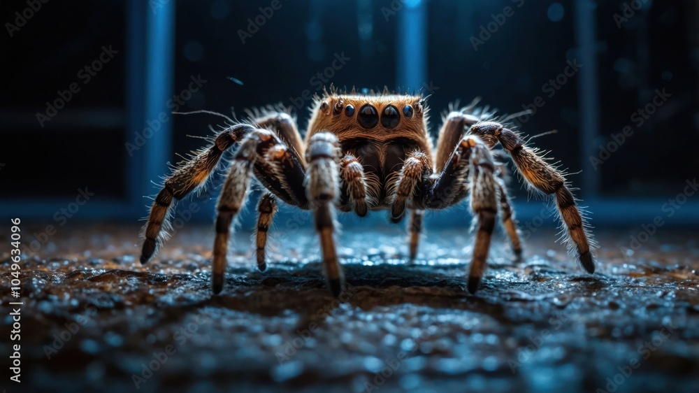 A close-up of a spider with detailed textures and lighting in a dark environment. A close-up of a spider with detailed textures and lighting in a dark environment.