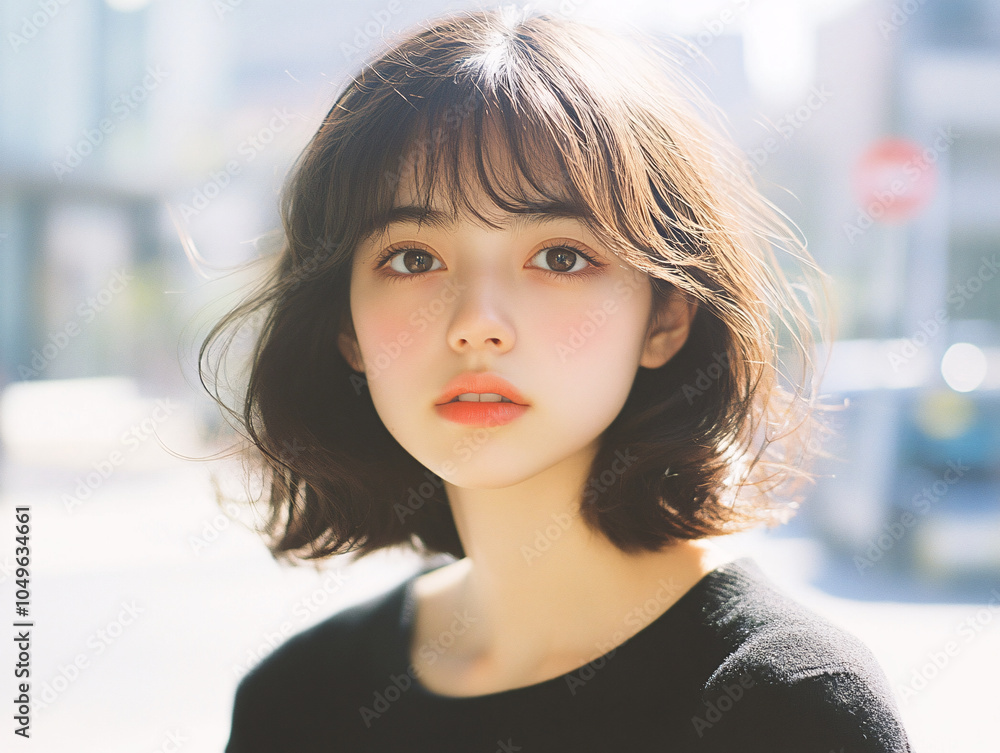 a Japanese young woman with dark hair, wearing a black top and leaning against a window. a Japanese young woman with dark hair, wearing a black top and leaning against a window.