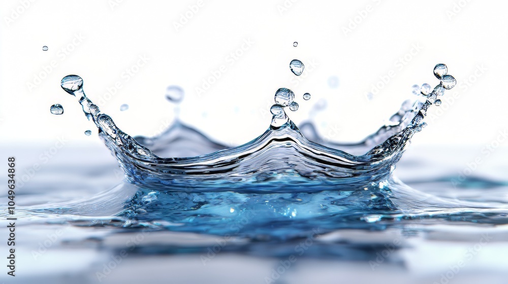 Ultra-realistic freeze-shot of a water droplet splashing into a tube, with fluttering splash effects and stop-motion detail; isolated on white background